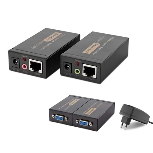 HADRON HDX1318 VGA ve 3.5 mm Ses RJ45 Extender Görüntü Aktarım Seti 100 m Siyah
