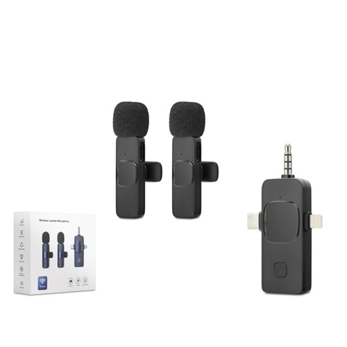 HADRON HDX2782 Kablosuz Çiftli Yaka Mikrofon Seti Type-C Lightning 3.5 mm Siyah