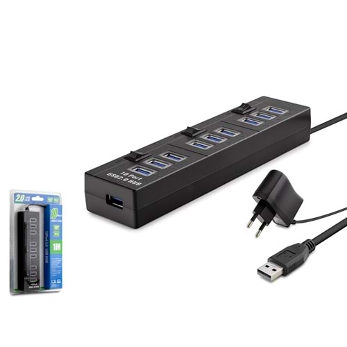 HADRON HDX7005 USB Anahtarlı Güç Adaptörlü Hub 10 Port 480 Mbps 1 m Siyah
