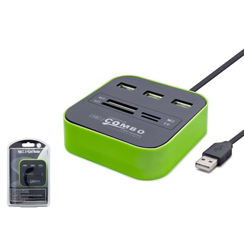HADRON HDX7006 USB Combo Hub Kart Okuyucu 7 Port 480 Mbps Yeşil