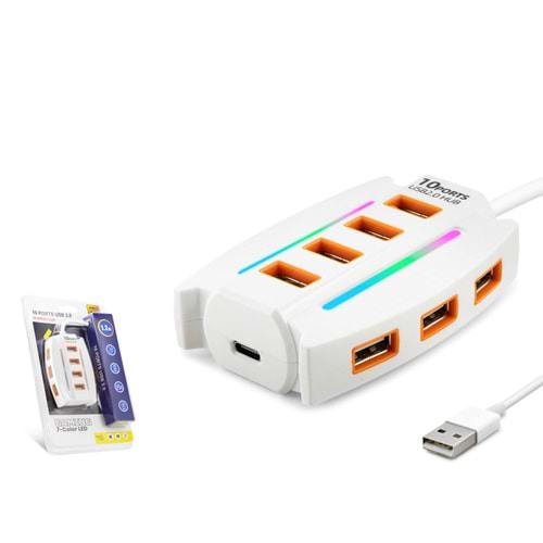 HADRON HDX7037 USB Gaming RGB Hub 10 Port 480 Mbps 1.2 m Beyaz