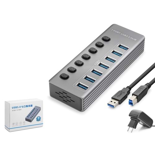 HADRON HDX7047 USB 3.0 Anahtarlı Güç Adaptörlü Hub 7 Port 5 Gbps Gri