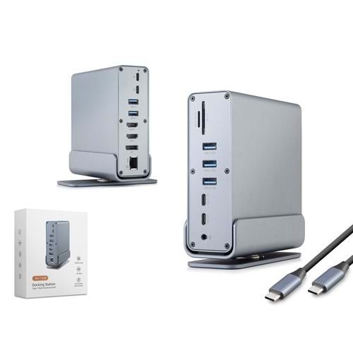 HADRON HDX7065 Type-C 3.0 Combo Hub Docking Station HDMI 4K 60Hz DP LAN USB AUX Kart Okuyucu 16 Port 5 Gbps Gri
