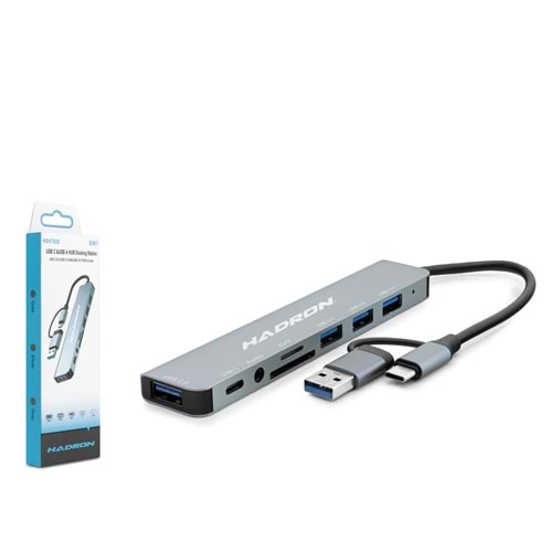 HADRON HDX7828 USB Type-C 3.0 Combo Hub AUX Kart Okuyucu 8 Port 5 Gbps Gri