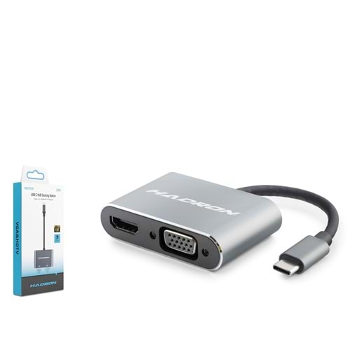 HADRON HDX7838 Type-C to HDMI VGA Görüntü Dönüştürücü 4K 30Hz Gri