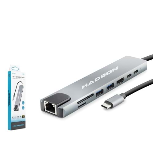 HADRON HDX7841 Type-C 3.0 Combo Hub PD HDMI 4K 30Hz LAN 100M Kart Okuyucu 8 Port 5 Gbps Gri