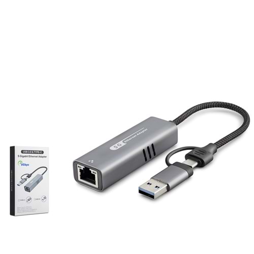 HADRON HDX7850 USB Type C 3.0 Ethernet Adaptör Gigabit 5 Gbps Gri