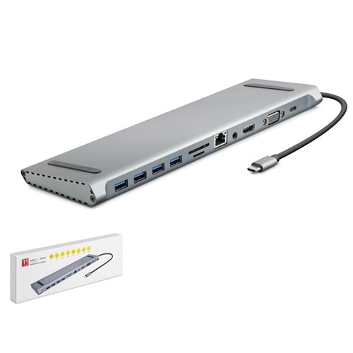 HADRON HDX7854 Type-C 3.0 Combo Hub PD HDMI 4K VGA LAN AUX Kart Okuyucu 11 Port 5 Gbps Gri