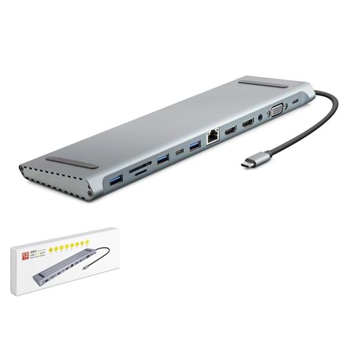 HADRON HDX7855 Type-C 3.0 Combo Hub PD HDMI 4K VGA LAN AUX Kart Okuyucu 12 Port 5 Gbps Gri