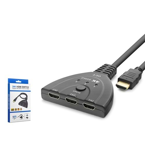 HADRON HDX7870 HDMI Switch 4K 60 Hz HDR Kablolu 3 Giriş 1 Çıkış Siyah