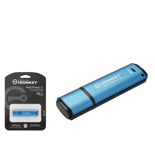 KINGSTON IKVP50C 32 GB USB Type-C 3.2 Gen 1 IronKey Vault Privacy 50C Flash Bellek Mavi