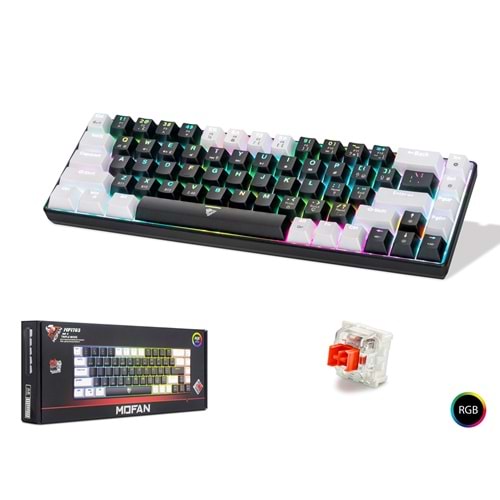 MOFAN MF1703B Tri Mode Mekanik Gaming Klavye Red Switch RGB 68 Tuş Siyah Beyaz