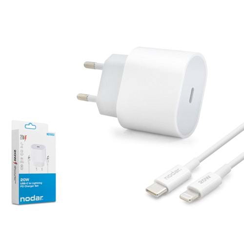 NODAR ND1002 Type-C Lightning PD Hızlı Şarj Seti 20W Type-C Adaptörlü 1 m PVC Kablolu Beyaz