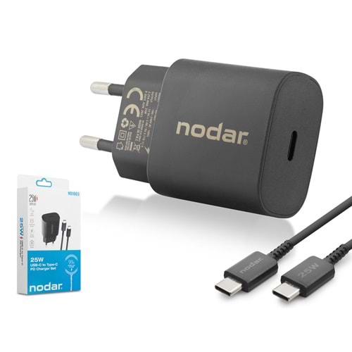 NODAR ND1003 Type-C PD Hızlı Şarj Seti 25W Type-C Adaptörlü 1 m PVC Kablolu Siyah