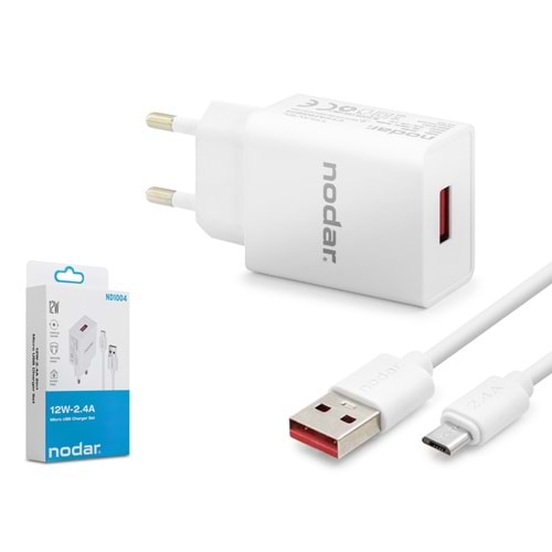 NODAR ND1004 Micro USB Hızlı Şarj Seti 12W 2.4A USB Adaptörlü 1 m PVC Kablolu Beyaz