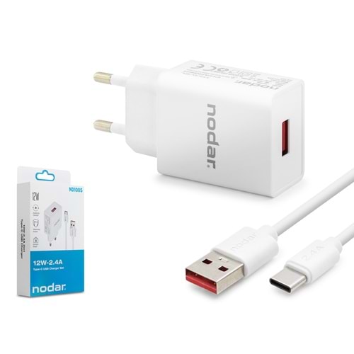 NODAR ND1005 Type-C Hızlı Şarj Seti 12W 2.4A USB Adaptörlü 1 m PVC Kablolu Beyaz