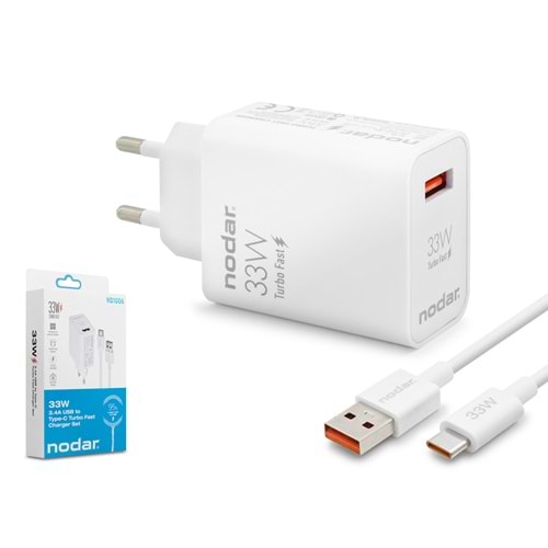 NODAR ND1006 Type-C Hızlı Şarj Seti 33W USB Adaptörlü 1 m PVC Kablolu Beyaz