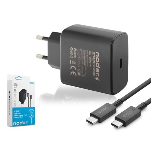 NODAR ND1007 Type-C PD Hızlı Şarj Seti 45W Type-C Adaptörlü 1 m PVC Kablolu Siyah