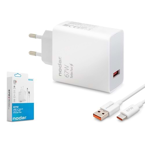 NODAR ND1008 Type-C Hızlı Şarj Seti 67W USB Adaptörlü 95 cm PVC Kablolu Beyaz