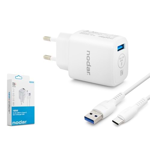 NODAR ND1010 Type-C QC 3.0 Hızlı Şarj Seti 18W 3.4A USB Adaptörlü 1 m PVC Kablolu Beyaz
