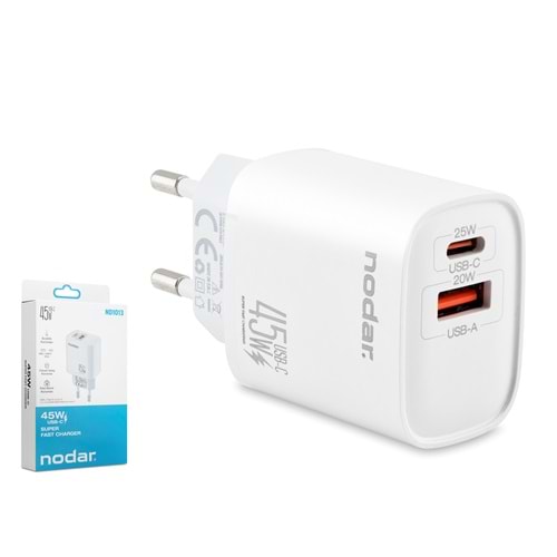 NODAR ND1013 USB Type-C Çift Çıkışlı Hızlı Şarj Adaptörü 45W Beyaz