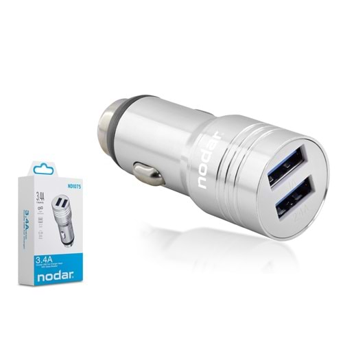 NODAR ND1075 Araç Şarj Adaptörü Çift USB 3.4A Metal Gri