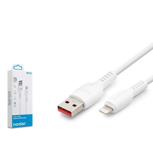 NODAR ND1153 USB Lightning Şarj ve Data Kablosu 20W 3.4A 1 m PVC Beyaz