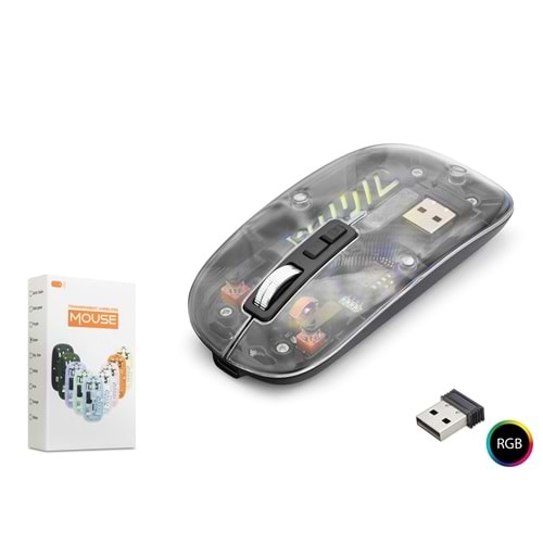 NODAR ND1201B Dual Mode Kablosuz Şeffaf Mouse 2.4 GHz Bluetooth 5.2 1600 DPI RGB Siyah