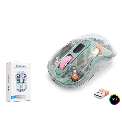 NODAR ND1205G Dual Mode Kablosuz Şeffaf Mouse 2.4 GHz Bluetooth 5.2 1600 DPI RGB Yeşil