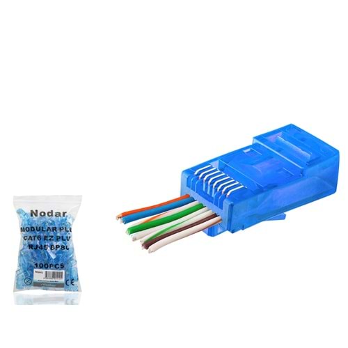 NODAR ND2412 CAT6 EZ RJ45 Konnektör 100 Adetli Paket Mavi