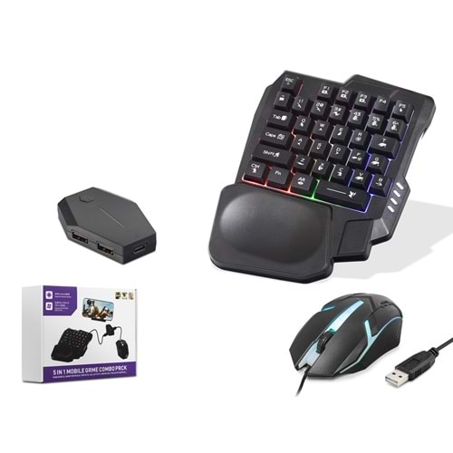 NODAR ND762 Android Uyumlu Mobil Oyun Klavye Mouse Dönüştürücü Seti RGB Siyah