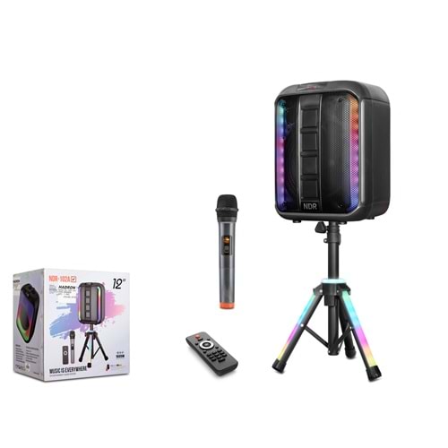 NDR NDR102A Karaoke Mikrofonlu Bluetooth Hoparlör FM Radyo 12 İnç RGB Tripodlu Kumandalı Siyah