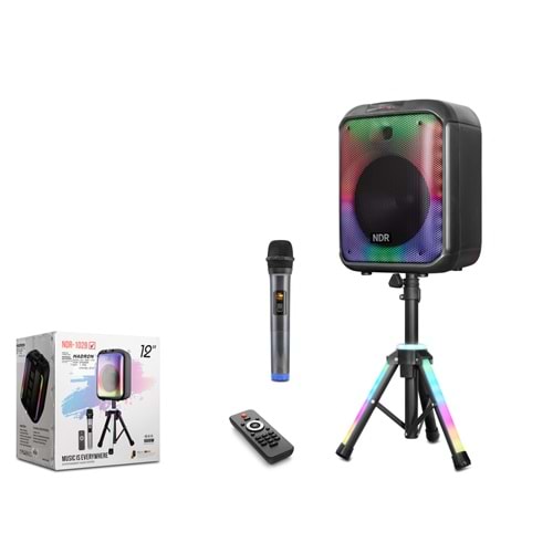 NDR NDR102B Karaoke Mikrofonlu Bluetooth Hoparlör FM Radyo 12 İnç RGB Tripodlu Kumandalı Siyah