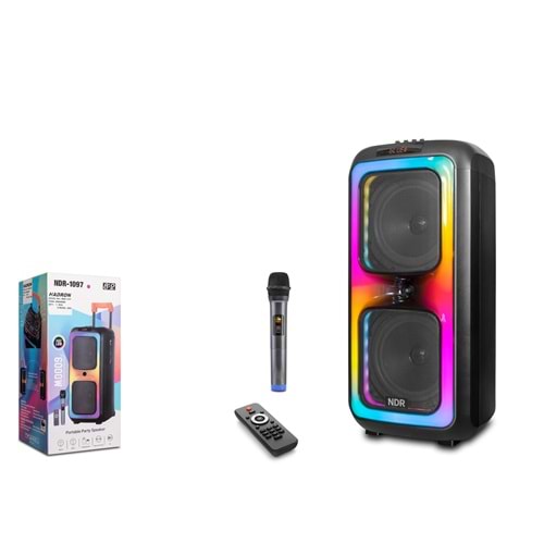 NDR NDR1097 Karaoke Mikrofonlu Bluetooth Hoparlör FM Radyo 2x8 İnç RGB Kumandalı Siyah
