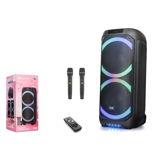 NDR NDR1312 Çift Karaoke Mikrofonlu Bluetooth Hoparlör FM Radyo 60W 2x12 İnç RGB Kumandalı Siyah