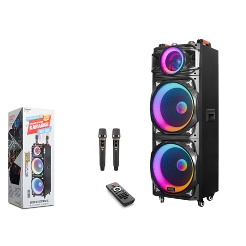 NDR NDR1526 Çift Karaoke Mikrofonlu Bluetooth Hoparlör FM Radyo 100W 2x15 İnç RGB Kumandalı Siyah