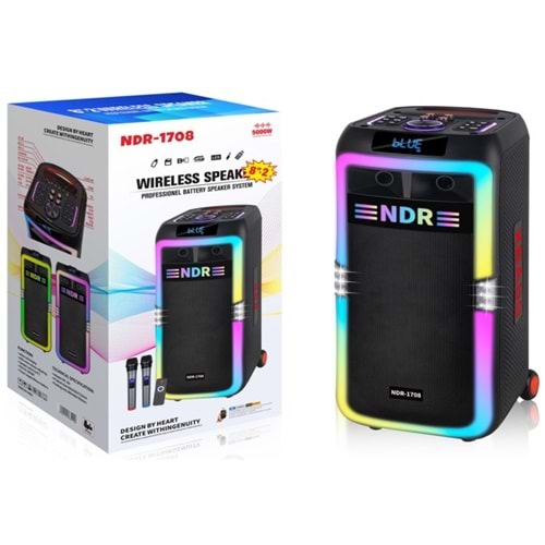 NDR NDR1708 Çift Karaoke Mikrofonlu Bluetooth Hoparlör FM Radyo 2x8 İnç RGB Kumandalı Siyah