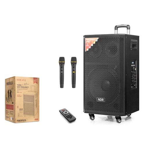 NDR NDR412 Çift Karaoke Mikrofonlu Bluetooth Hoparlör FM Radyo 120W 12 İnç Kumandalı Ahşap
