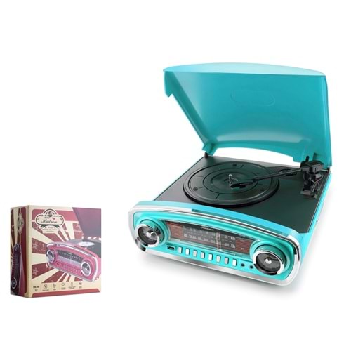 HADRON RTB03M Nostaljik Pikap 3 Devir FM Radyo Bluetooth USB Kayıt AUX Hoparlör Turkuaz