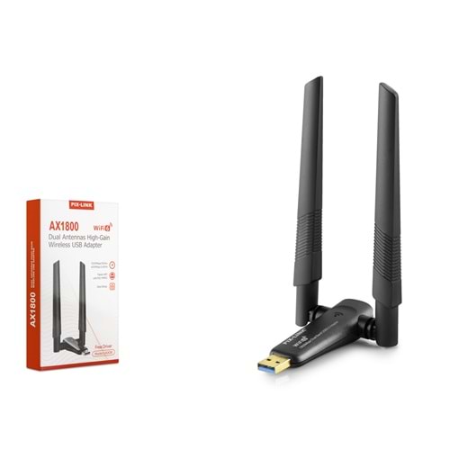 PIXLINK UAX06 USB WiFi Adaptörü AX1800 Dual Band 5 GHz WiFi 6 Siyah