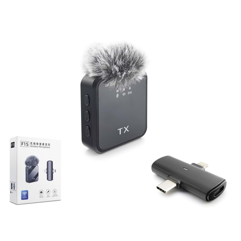 Hadron F15 Kablosuz Mikrofon 2in1 Type-C + Lightning Siyah