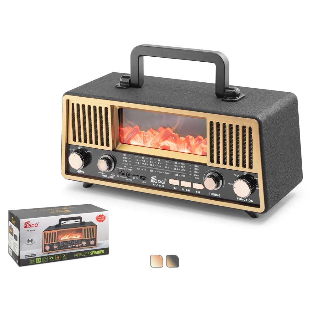 HADRON FP331S Bluetooth Nostaljik Hoparlör FM RGB Alev Efektli Solar Panelli - Siyah