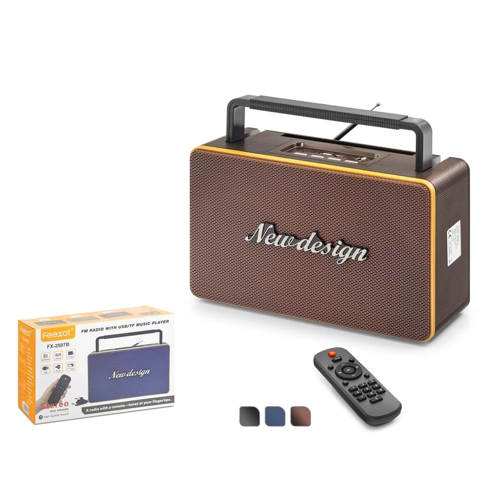 FEEXOT FX2507B Bluetooth Nostaljik FM Radyo USB TF AUX Kumandalı Taşınabilir Hoparlör - Kahverengi