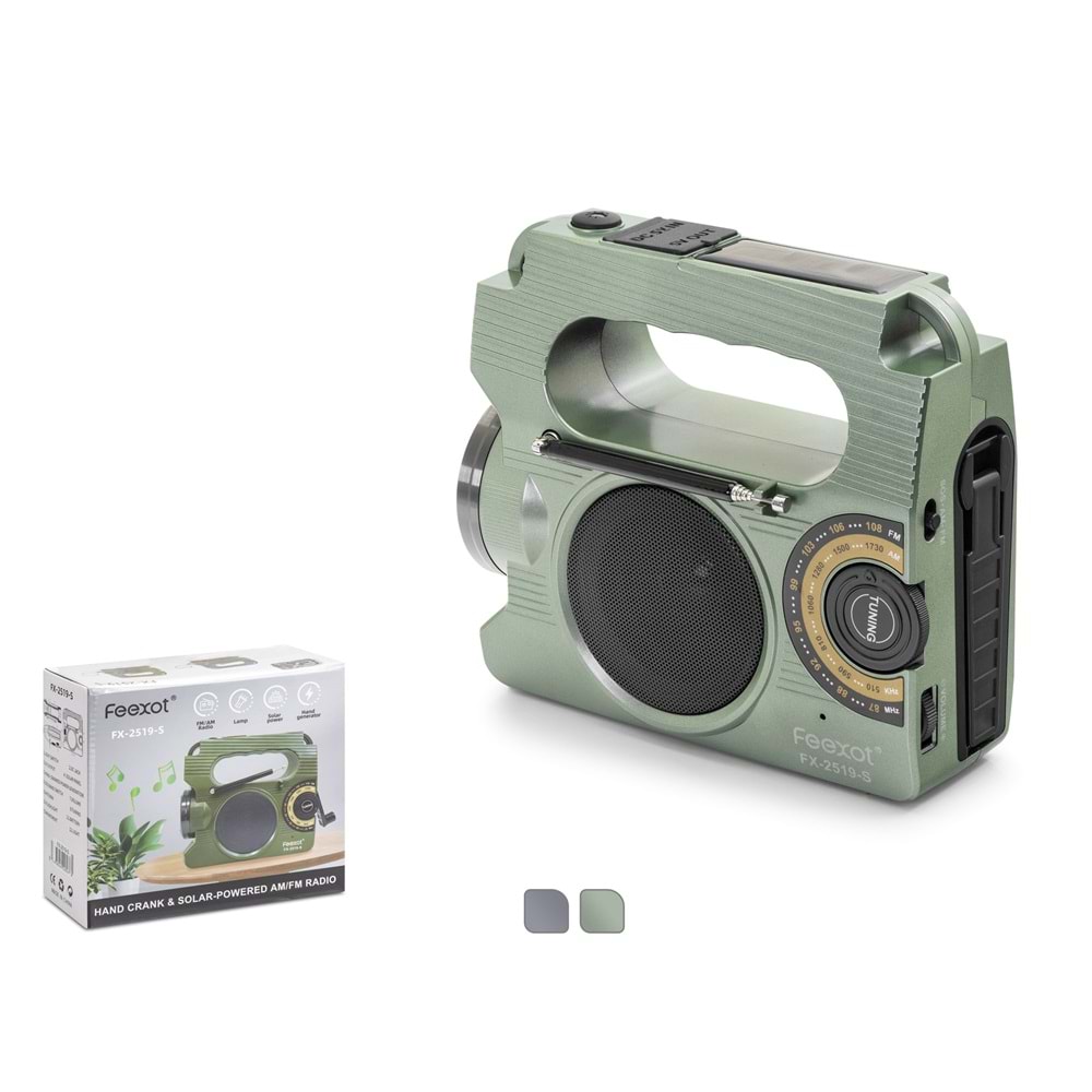 FEEXOT FX2519S Bluetooth FM Radyo USB Solar Şarjlı Dinamolu LED El Fenerli Taşınabilir Kamp Hoparlör