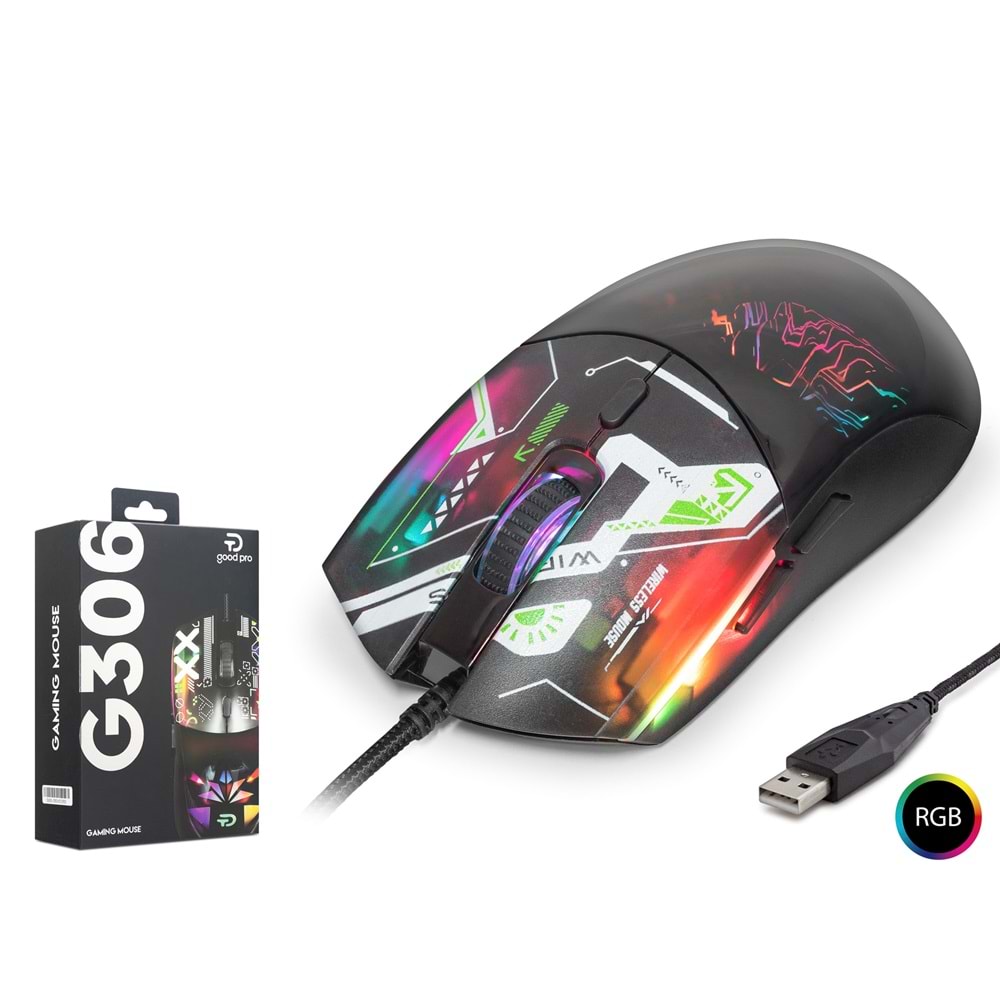 HADRON G306B Gaming Mouse 7200 DPI Geometrik Desenli RGB - Siyah