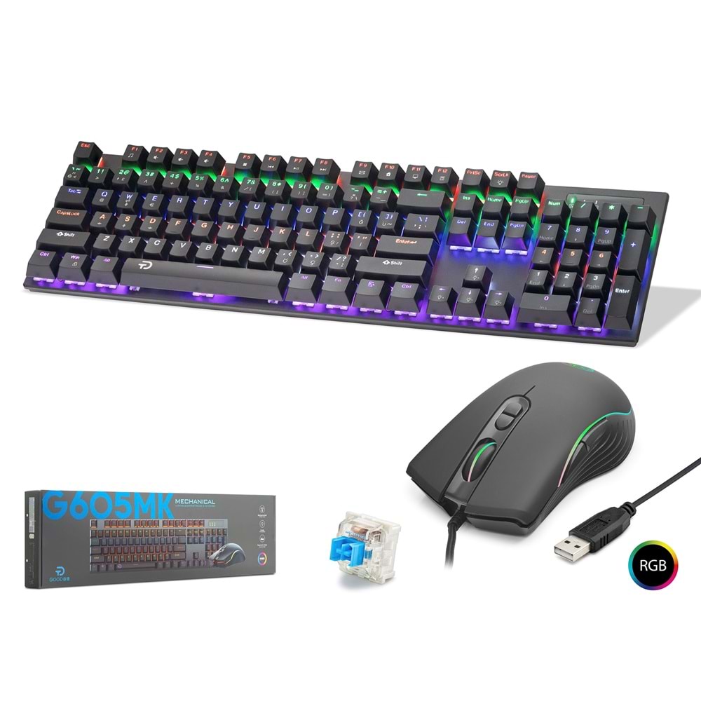 HADRON G605MK Mekanik Gaming Klavye ve Mouse Seti Blue Switch 7200 DPI RGB - Siyah