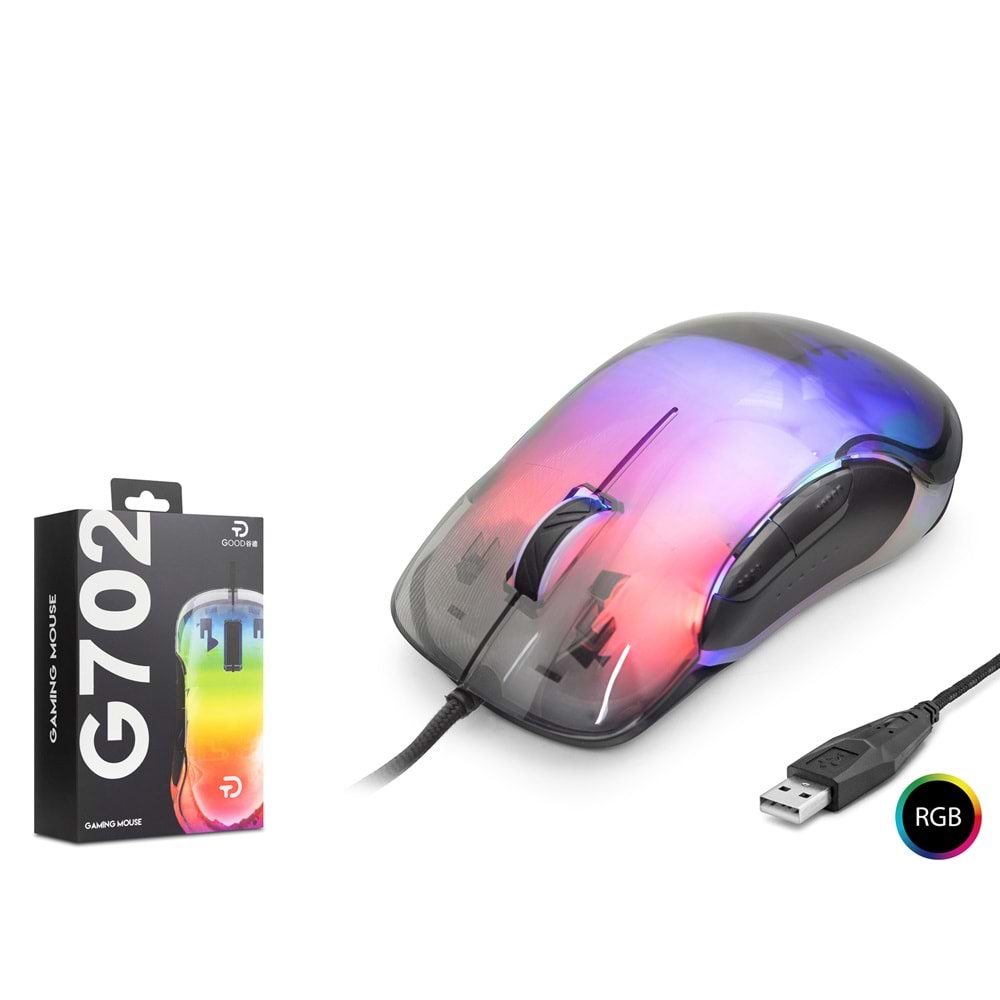 Nodar G702 Gaming Mouse Kablolu 7200 Dpi 6 Tuş 1000Hz Rgb Oyuncu Mouse Kristal Siyah