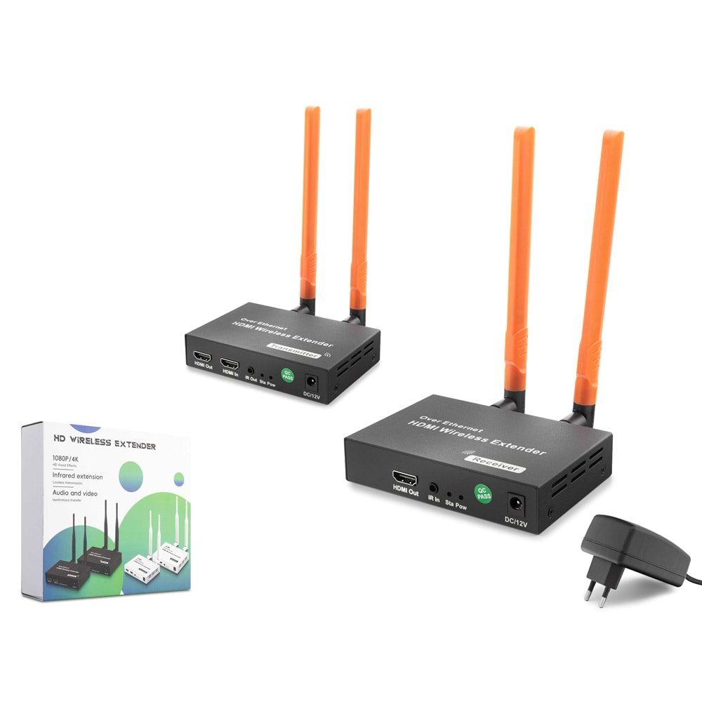 HADRON HDX1384 HDMI Kablosuz Görüntü ve Ses Aktarım Seti Loop-Out 1080P 300m - Siyah