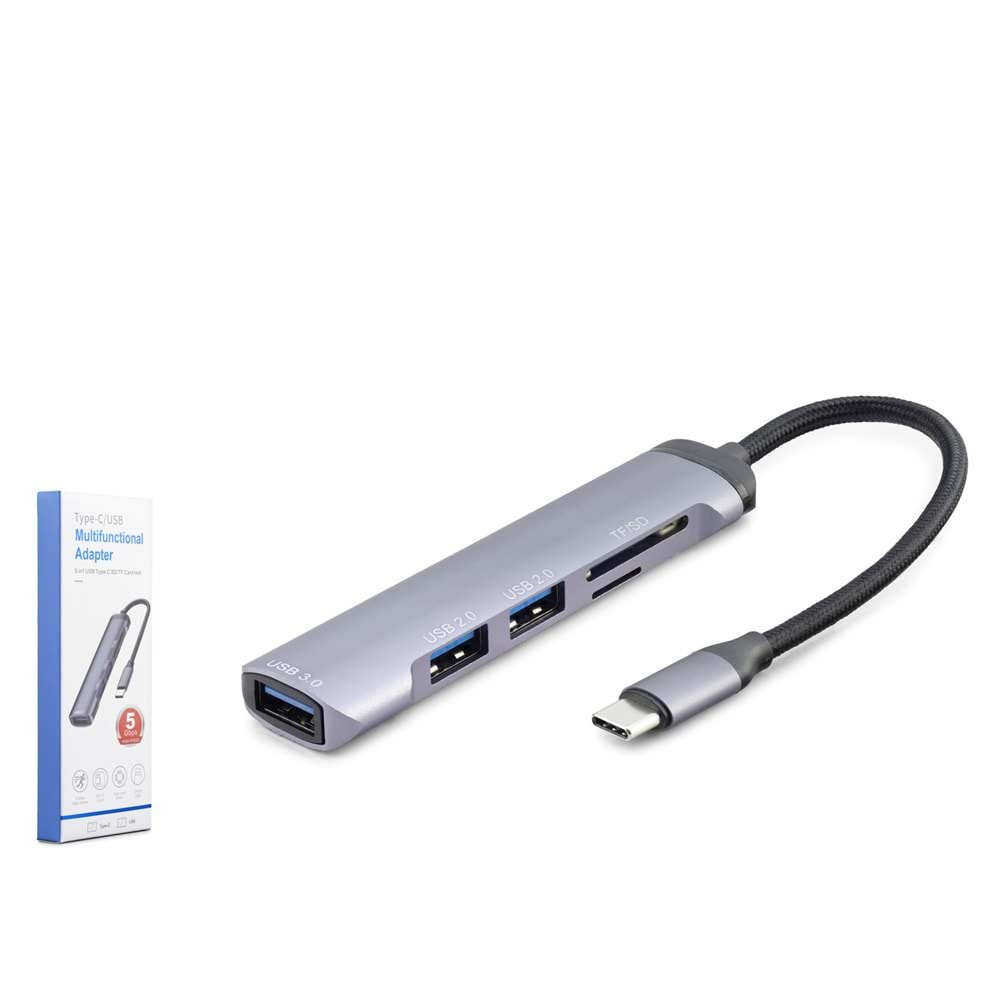 Hadron Hdx7039 Usb Hub Combo 5In1 Usb Type-C Sd + Tf Card Gri