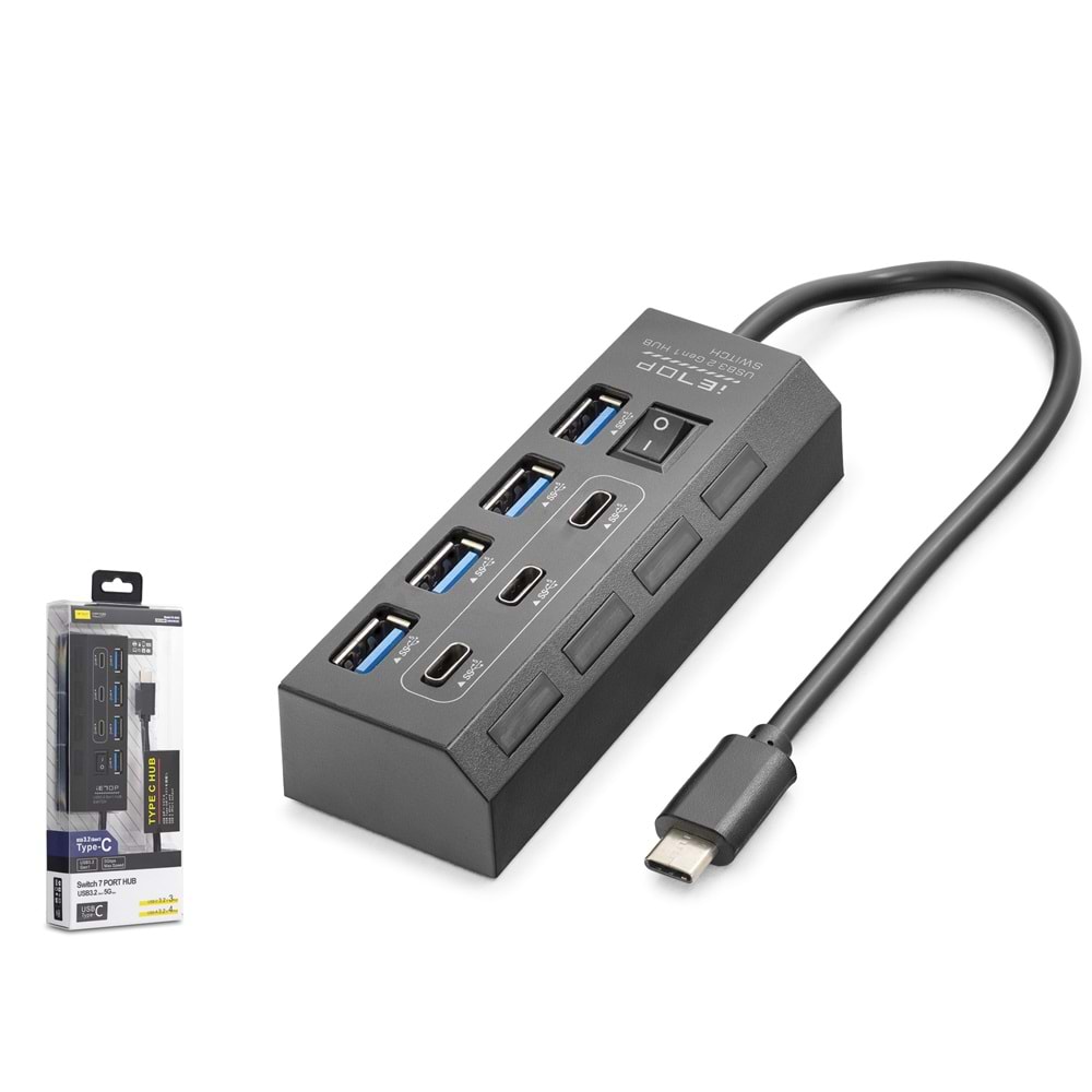 HADRON HDX7057 USB 3.2 Gen1 & Type-C Hub Anahtarlı 7 Port 5 Gbps - Siyah